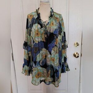 2 Piece Susan Graver Blouse Chiffon Top Blue Floral  Tank Top Career Work 1X